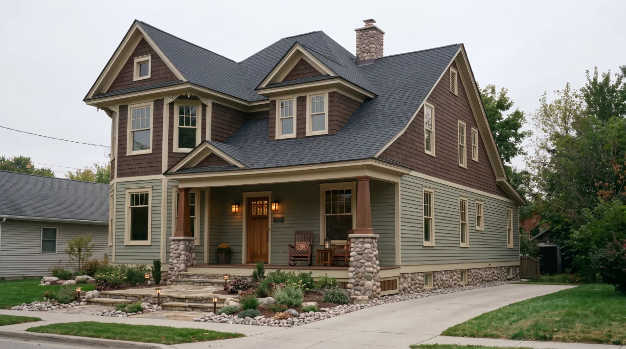 Beautifully renovated Craftsman house with sage green siding, stone porch columns, and dark roof after AI exterior renovation.