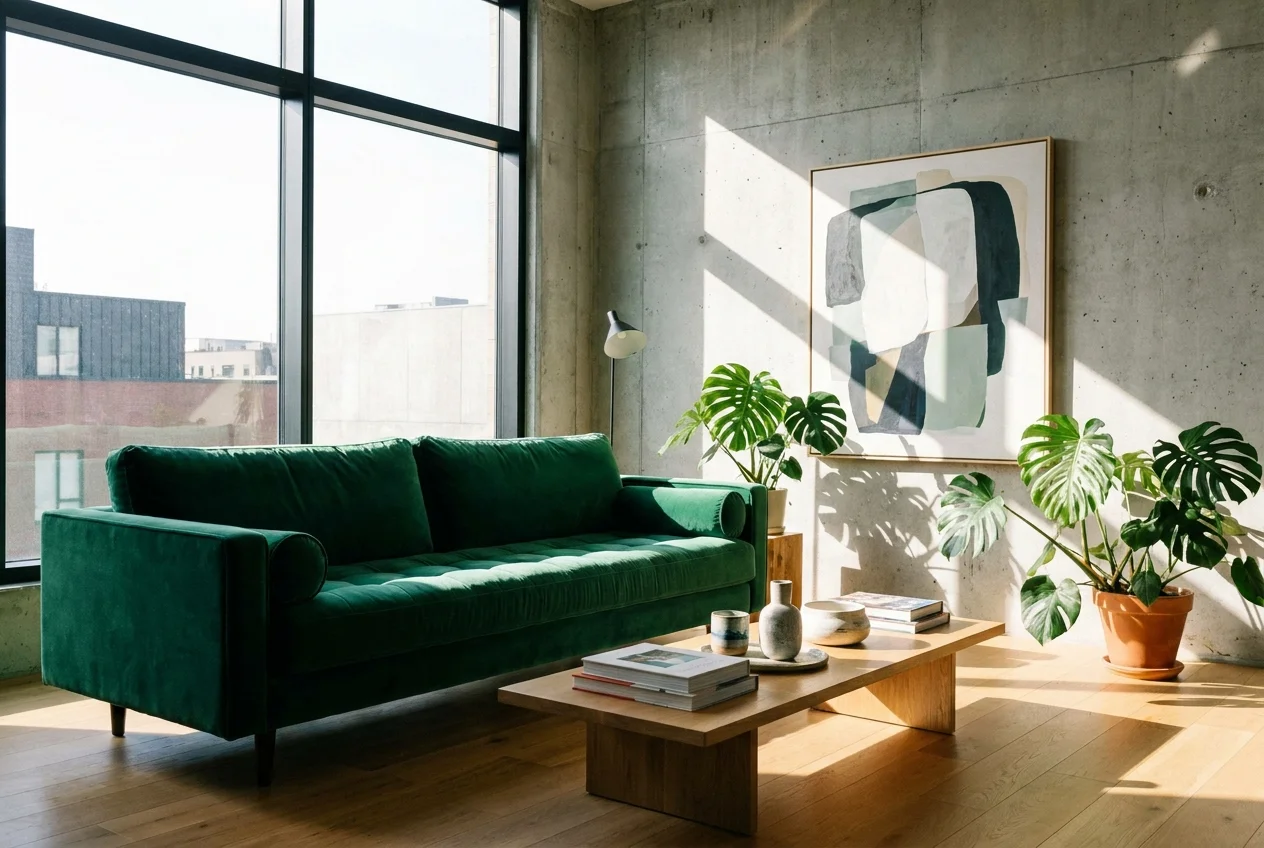 Modern living room with green velvet sofa, exposed concrete wall, and monstera plants.