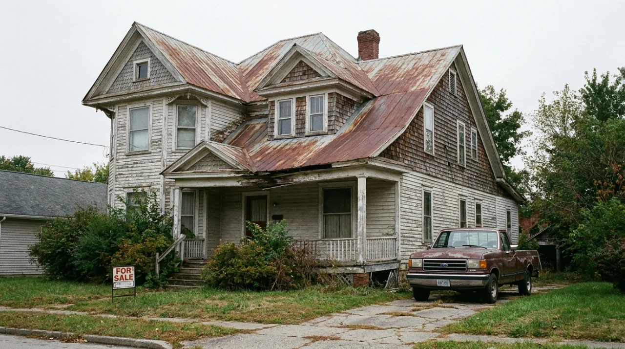 Run-down two-story house with rusty roof, peeling paint, and vintage pickup truck before AI exterior renovation.
